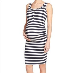 Maternity nursing dress navy and white stripe